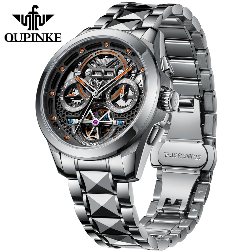 ساعات رجالية OUPINKE موضة عصرية من الفولاذ التنغستن ساعة يد أوتوماتيكية بالكامل مجوفة ميكانيكية دولاب الموازنة تقويم 3249 #2