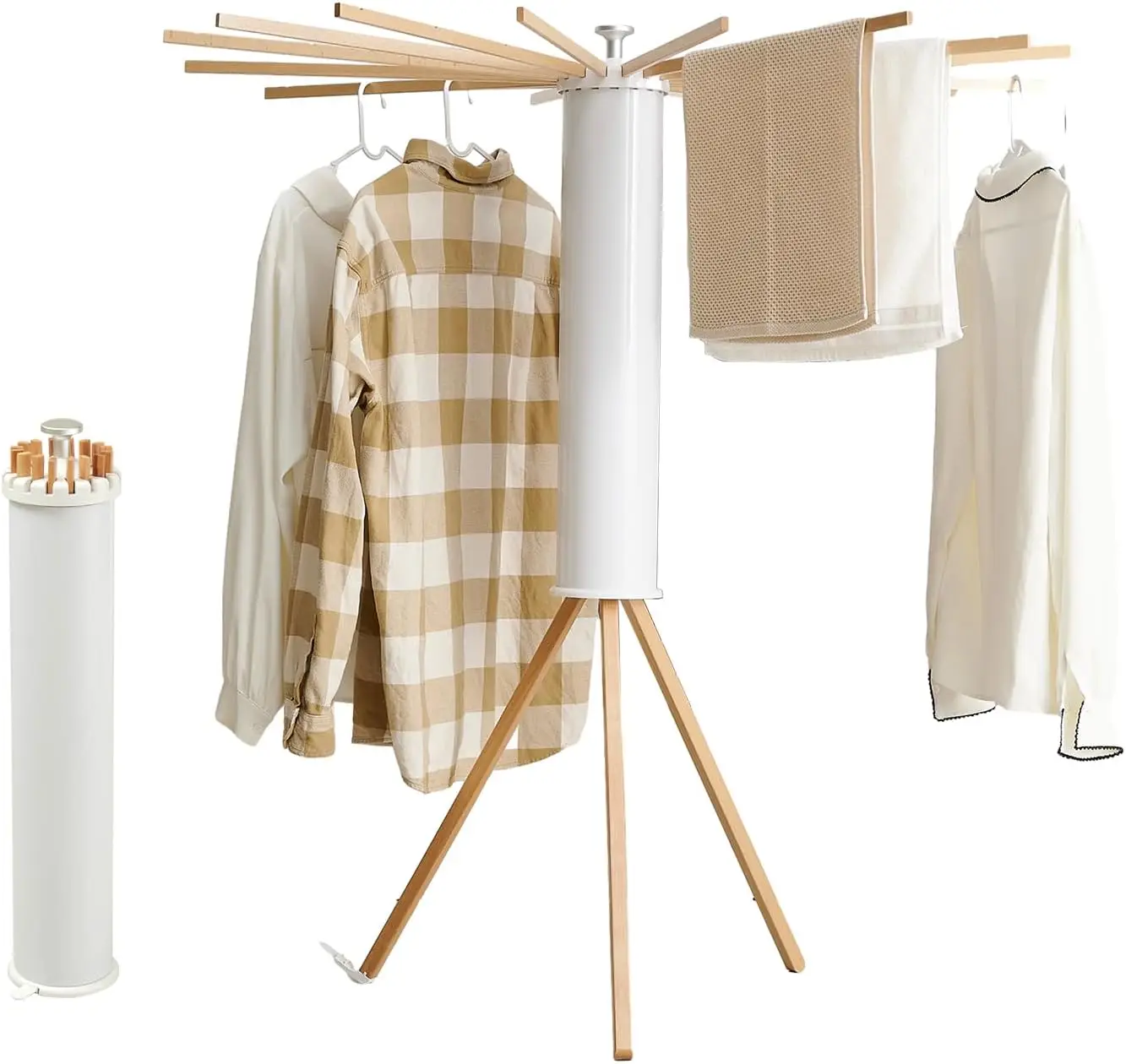 

Portable Tripod Clothes Drying Rack, 16 Rods Wooden Laundry Hanger for Indoor Outdoor Use