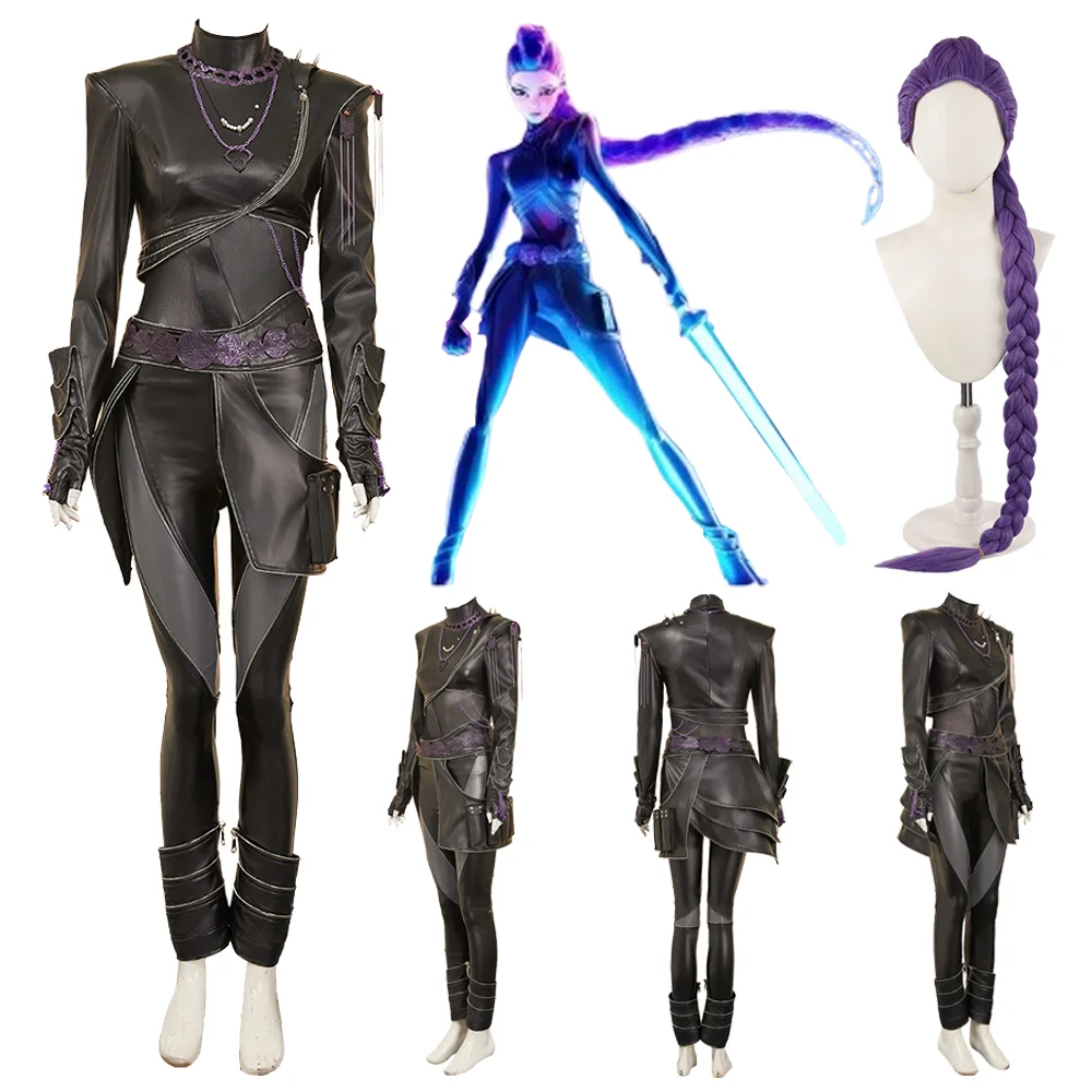 

Kpop Demon Hunters Huntrix Group Rumi Cosplay Costume Anime Movie Black Leather Set Purple Wig Roleplay Outfits Party Halloween