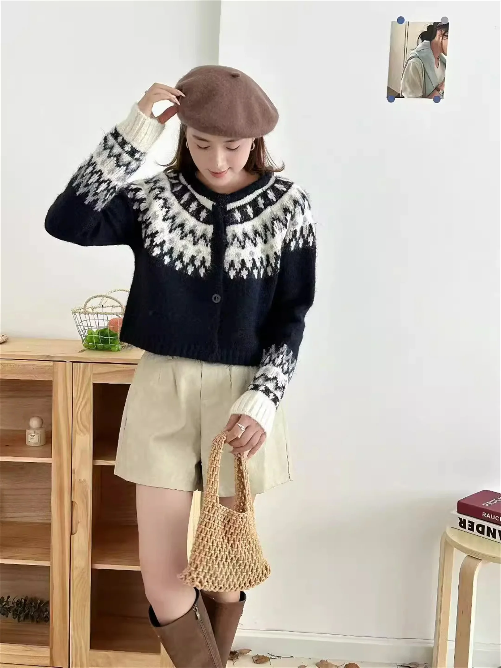 Dames ort gebreide trui jas Island Fair Isle contrasterende kleur gebreide kleding afslanken groot formaat herfst faion casual sle