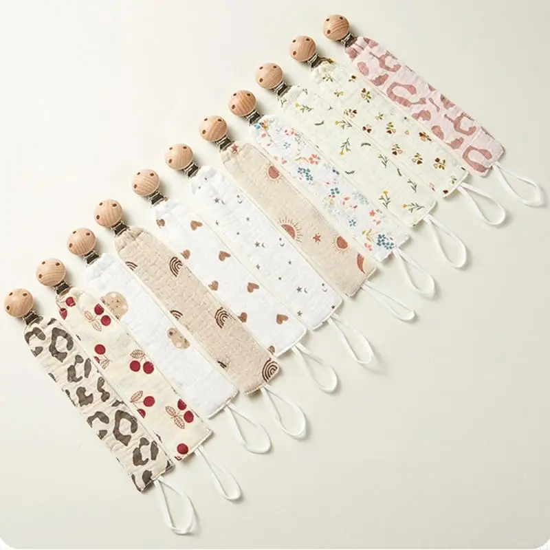 1pc 새로운 인쇄 목화 거즈 아기 젖꼭지 클립 체인 안전 나무 신생아 노리개 젖꼭지 홀더 클립 안티 드롭 젖꼭지 홀더