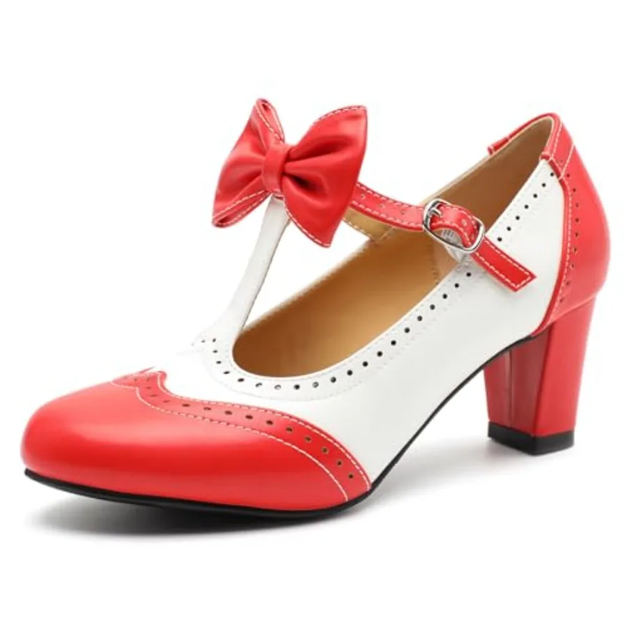 

Women's T-Strap Mary Jane Pumps-Low Block Chunky Bow Heels-Retro Closed Toe Ankle Strap Dress Shoes for Wedding, Lolita, Office