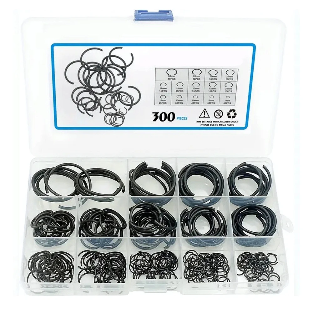 300Pcs Metric 7-30mm Round Wire C-Clips Internal Snap- Rings Assortment Kit Retaining Clip For Hole Black Steel