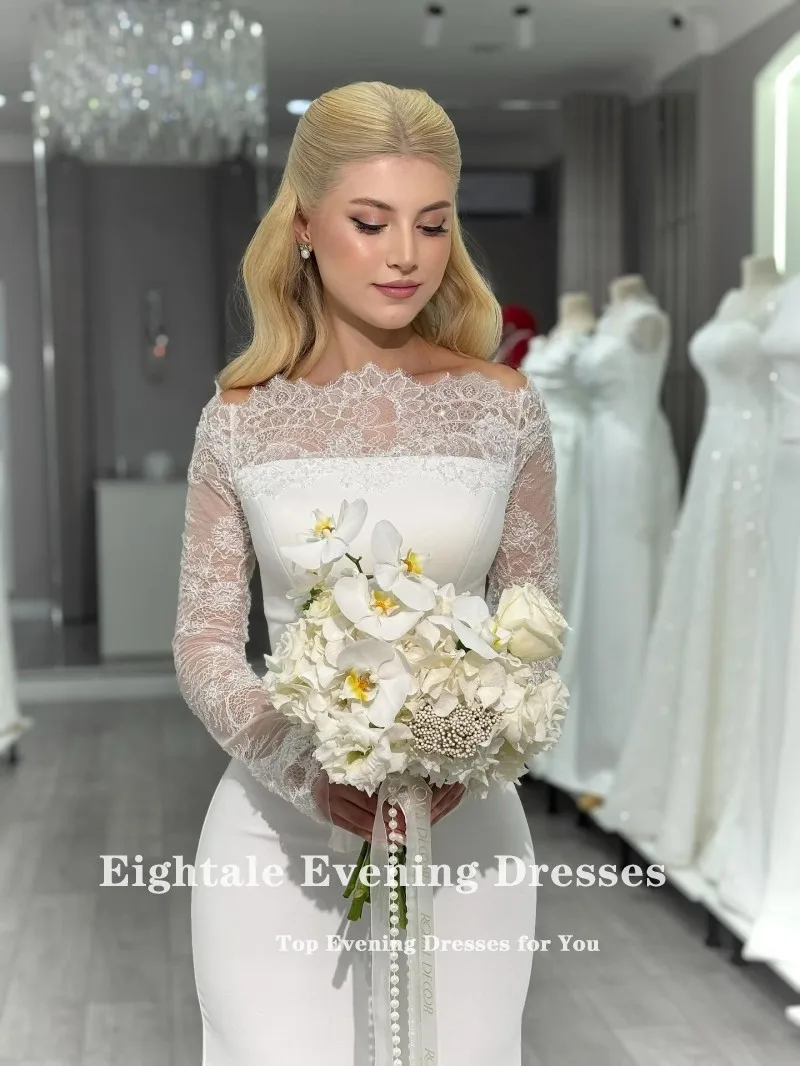 فستان زفاف عربي Eightale بدون حمالات مخصص من الساتان العاجي بأكمام طويلة من الدانتيل فستان زفاف حورية البحر فستان حفلات العروس #3