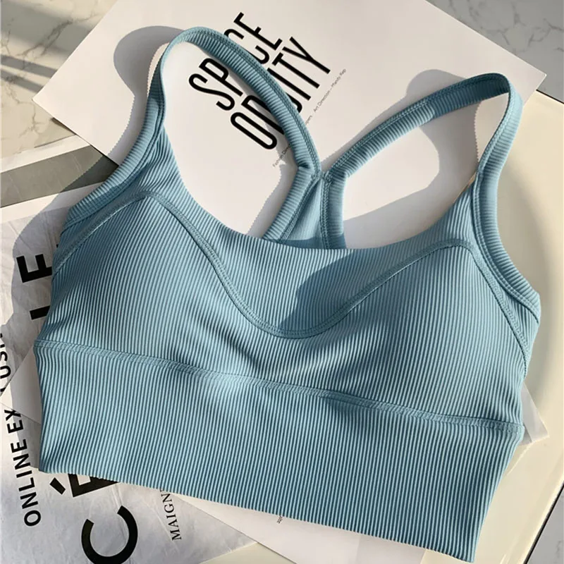 Kobiety Y Tape powrót wyściełane Strappy biustonosze sportowe Push Up Top biustonosz długi Crop biustonosz do jogi trening Fitness