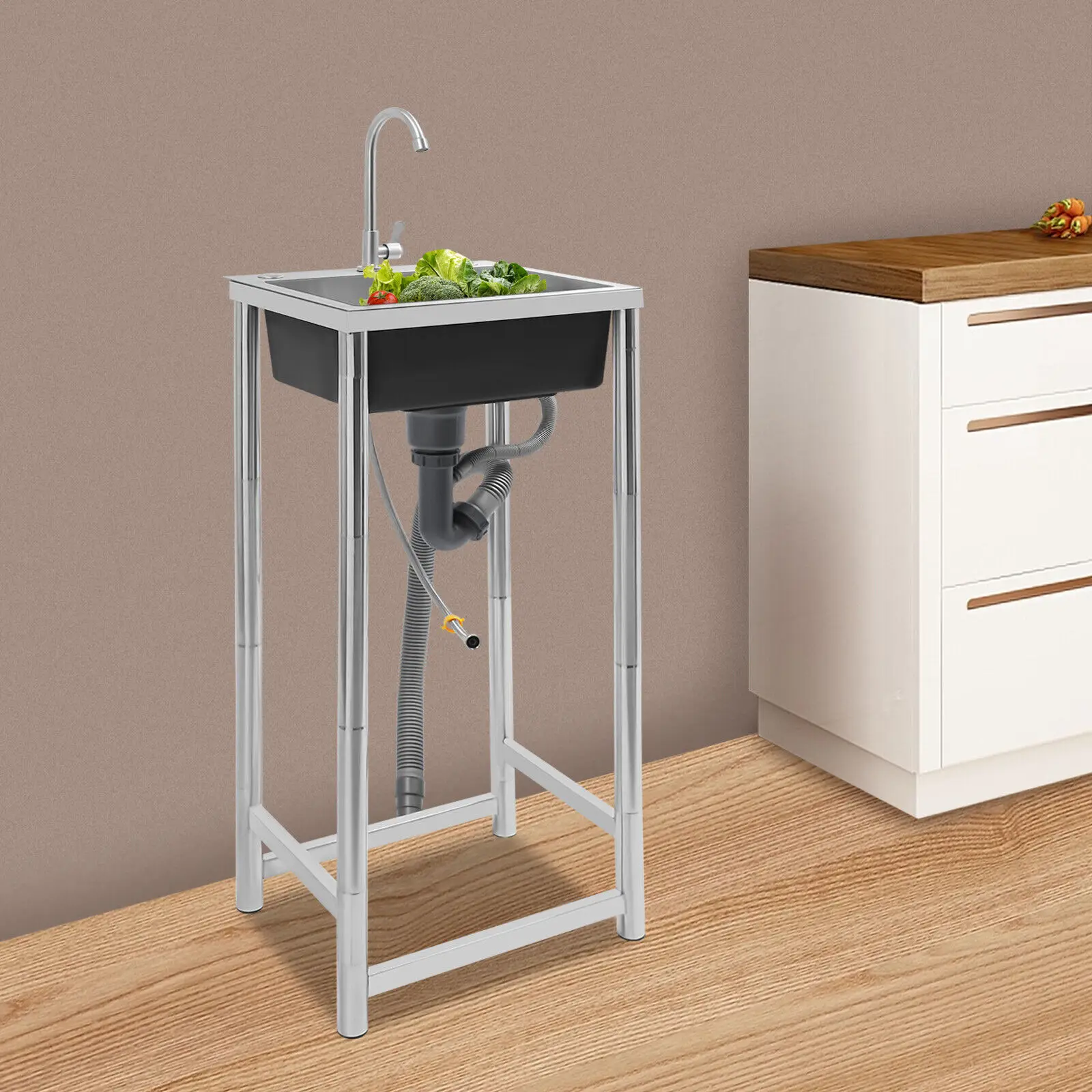 Stainless Steel Sink with Faucet Free Standing Utility Sink Single Bowl Sink Capacity 50kg for Homes Restaurants Laundry Rooms
