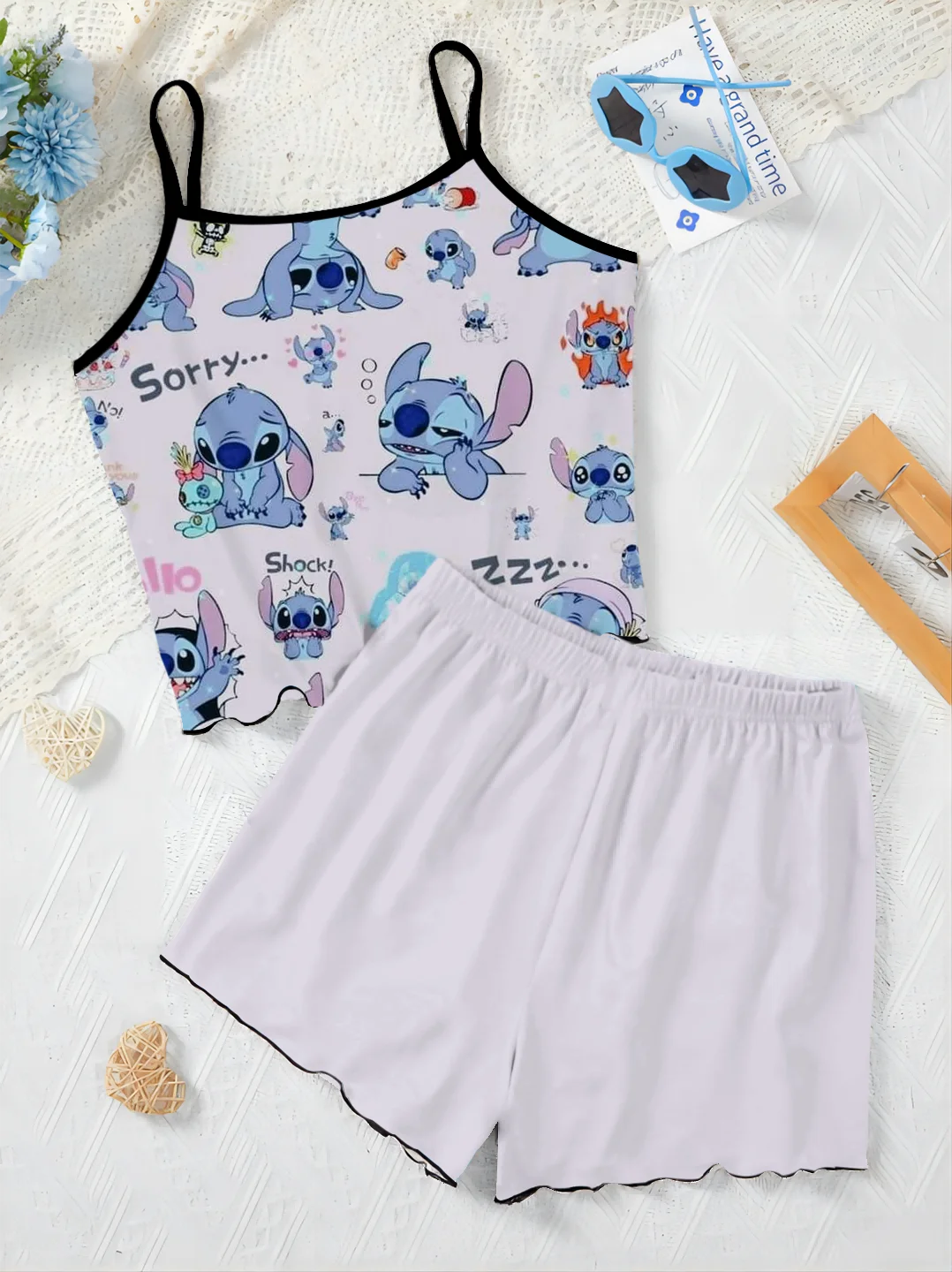 Women's Suit Lettuce Trim Pajama Skirt Short Sets Slip Dress Stitch Top Disney T-shirt Pieces Elegant 2-piece Disney Home Dress