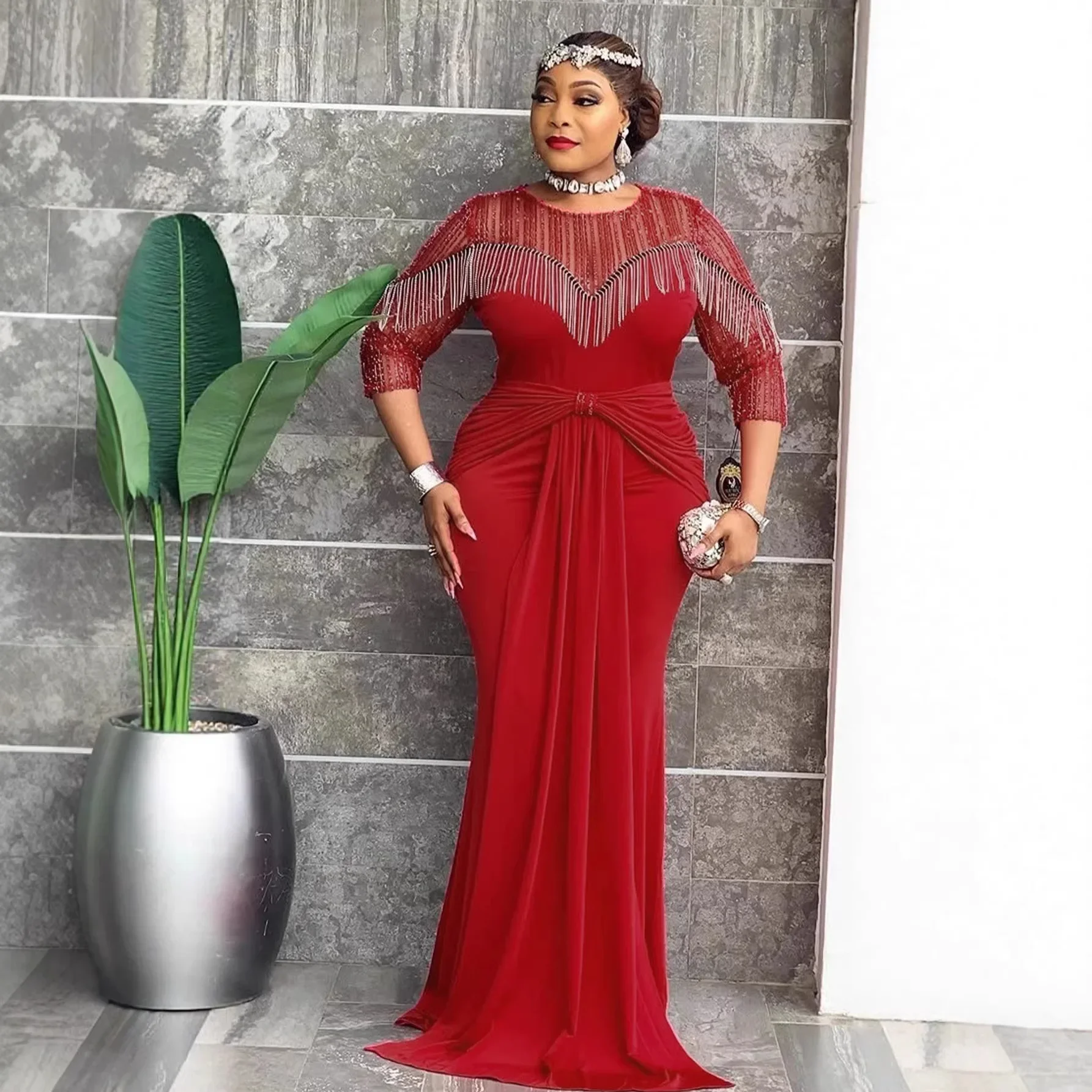 L-4XL Plus Size African Party Long Dresses for Women Dashiki Tassel Sexy Bodycon Robe Elegant Muslim Wedding Evening Gown