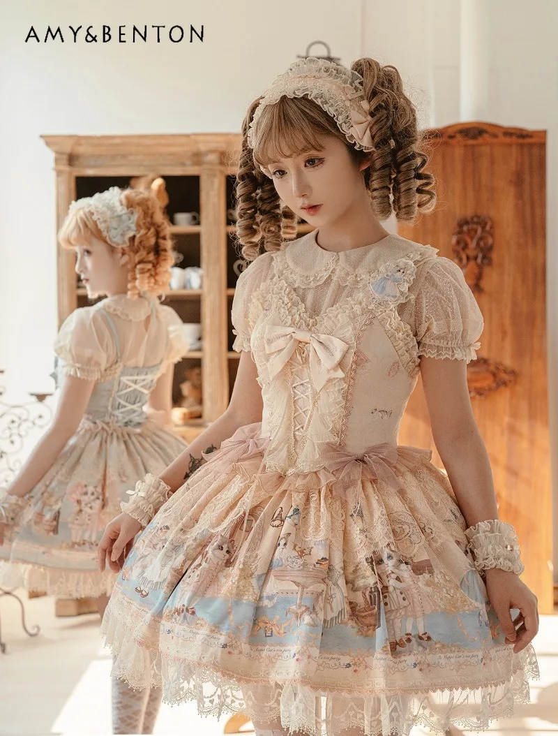 Japanese Elegant Lolita Cute Sweet Ballet Style Princess Evening dresses Sweet Bowknot Strapless Slim Mini Dress JSK Puff Dress