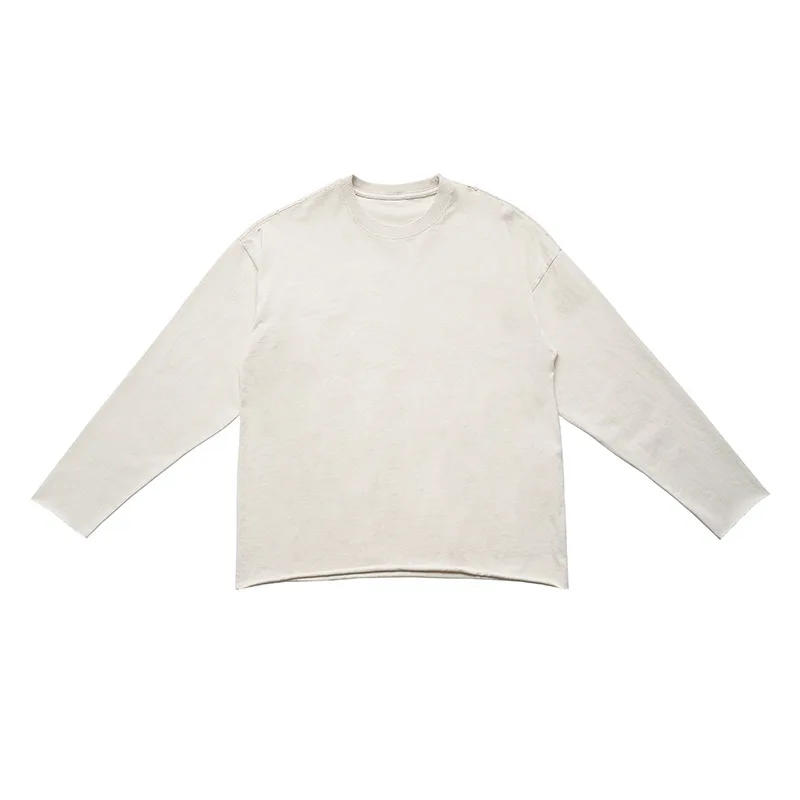 UNF hemmed destroyed bottoming long-sleeved solid color pure cotton American vintage round neck long-sleeved T-shirt men