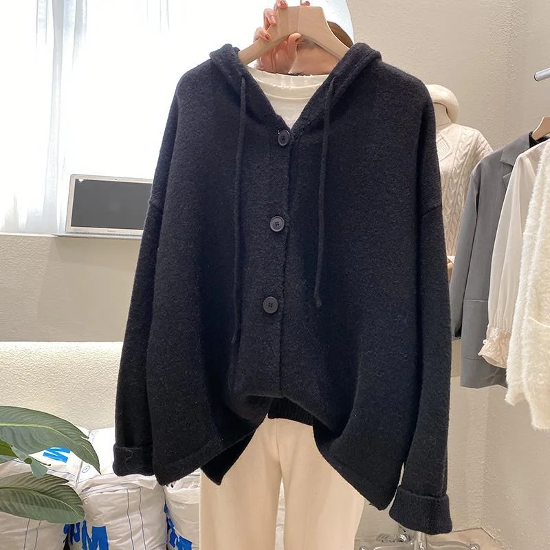

Hooded Knitted Cardigan Women's Solid Color Outer Top Fresh Loose Versatile Sweater Jacket