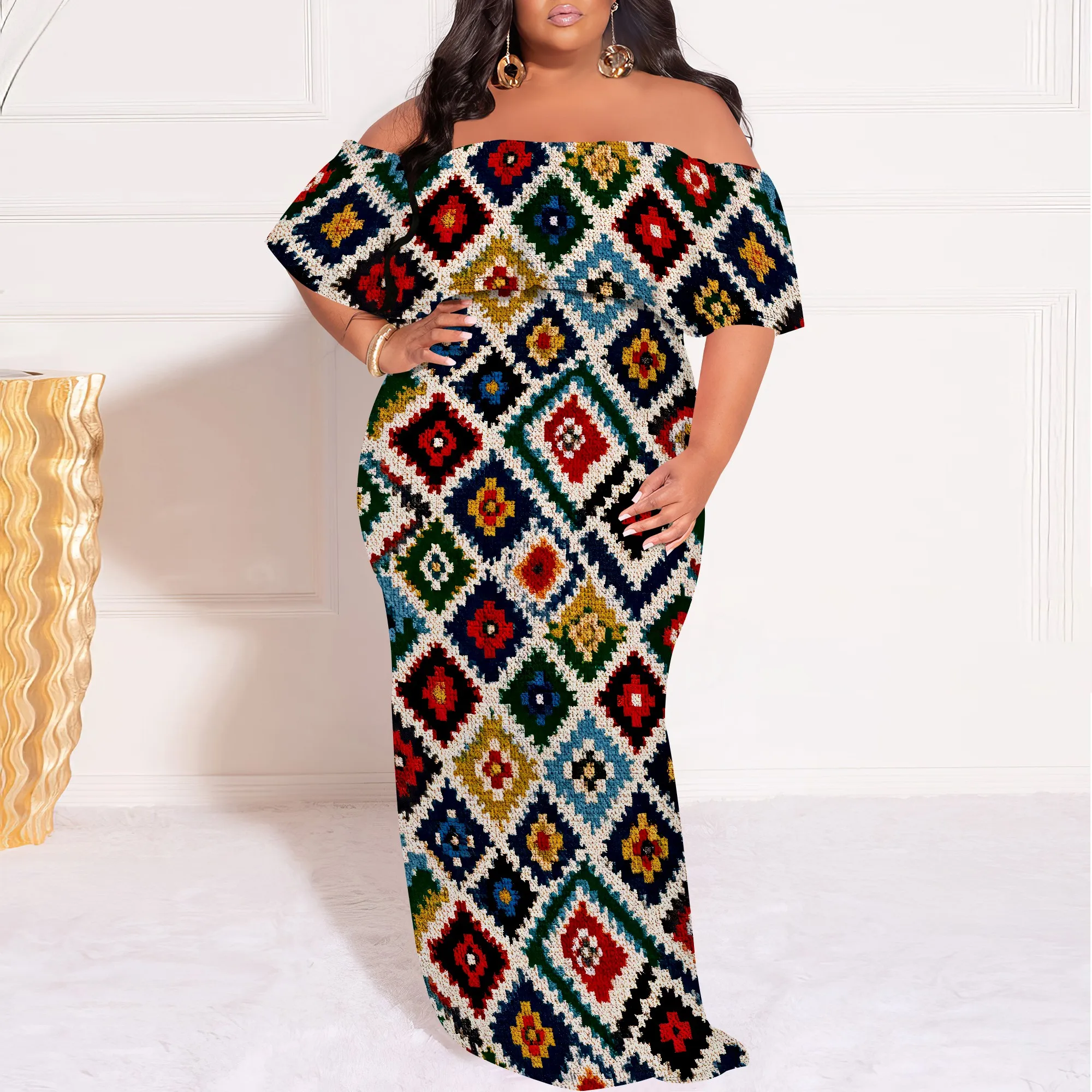 Women's Plus Size Summer Dresses Sexy Casual African Print Off The Shoulder Short Sleeve Ruffle Maxi Dress（XL-6XL）