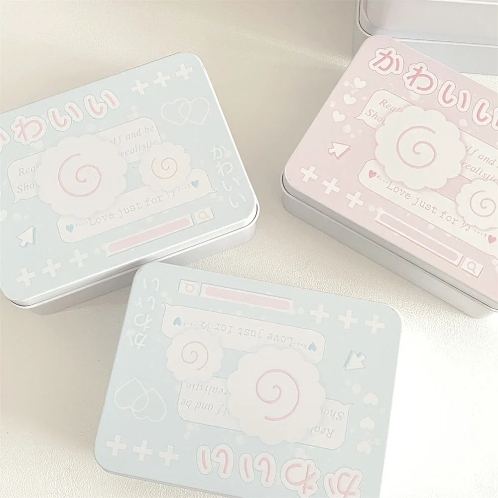 Storage Box Blue Pink Tinplate Storage Box Cute Jewelry Collect Case Korean Style Square Tin Box Candy Case Desktop Stationery