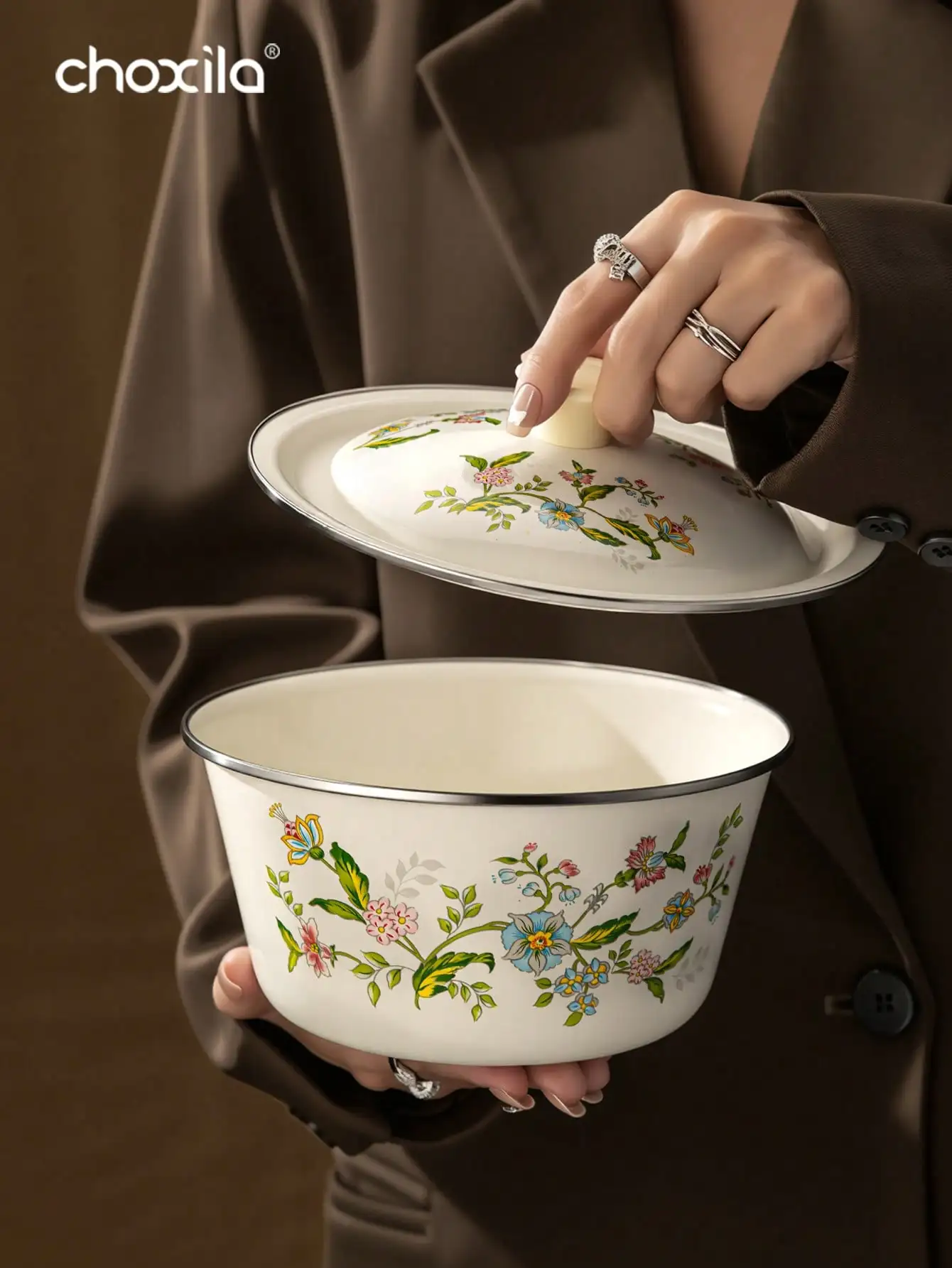 1pc Enamel-Patterned Rice Bowls With LIDS, Soup Bowls, Instant Noodle Bowls, Enamel Bowls, Scratch-Resistant Metal Material, Dishwasher , Essential Kitchenware For Home Cooking And Camping Meals sh260131112826818161038