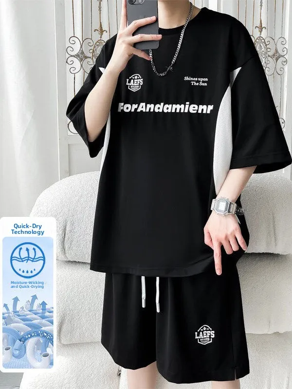 

Ice Silk Qui Dry Sports ort Sve T-irt Set Men Summer Letter Print Haome Casual orts Two Piece Set Polyester Spa...