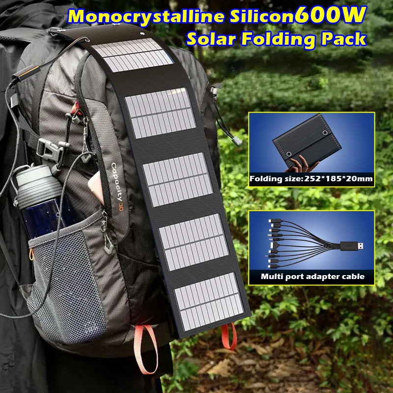 600W Foldable Solar Panel 5V USB Portable Battery Charger for Cell Phone Outdoor Waterproof Power Bank for Camping Accessories