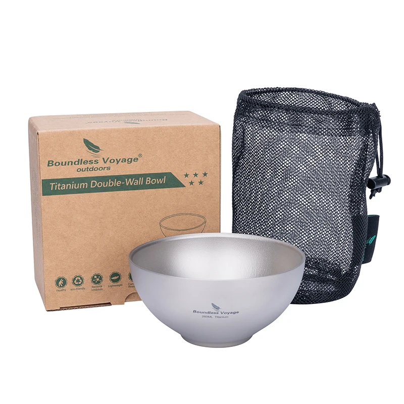 Boundless Voyage 260ml Titanium Bowl Double-Wall Portable Outdoor Picnic Bowl with Flatware Anti-Scalding Rice Noodle Container
