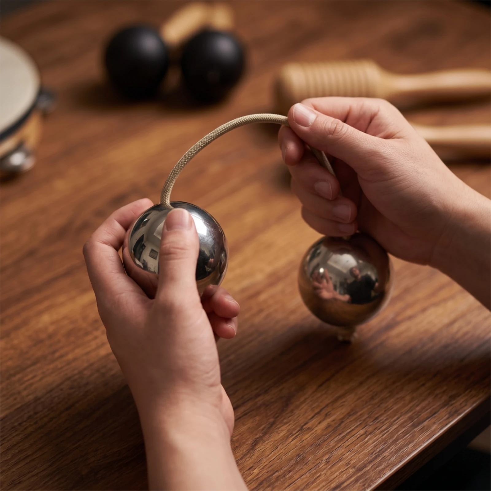 Asalato Stainless Steel Kashaka Double Ball Shaker Metal Single Hand Percussion Instrument Handheld for Percussionists