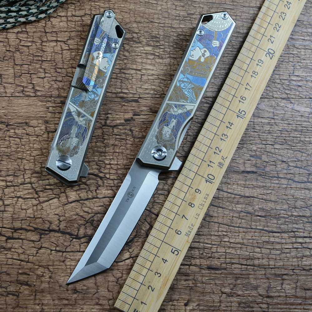TWOSUN YJ01-V1 Tanto Blade Pocket Folding Knives Color Pattern Titanium Handle for Gift Collection Outdoor Camping TS20