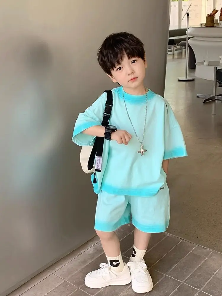 Boys Summer Suit T-shirt for Childrens 2024 New Summer Trendy and Stylish Pure Cotton Sports Style Two-piece Set Boys Clothes