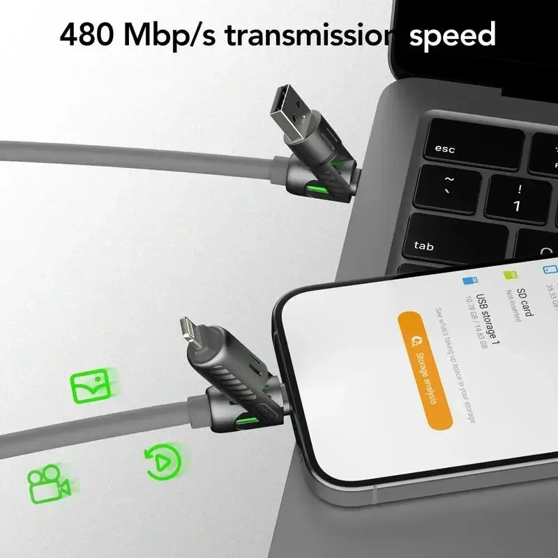 USB、Type C، Lightning-Max 240W شحن سريع ومزامنة البيانات MFISH 4-in-1 كابل شحن USB متعدد الوظائف لهاتف iPhone 16/15، iPad #4