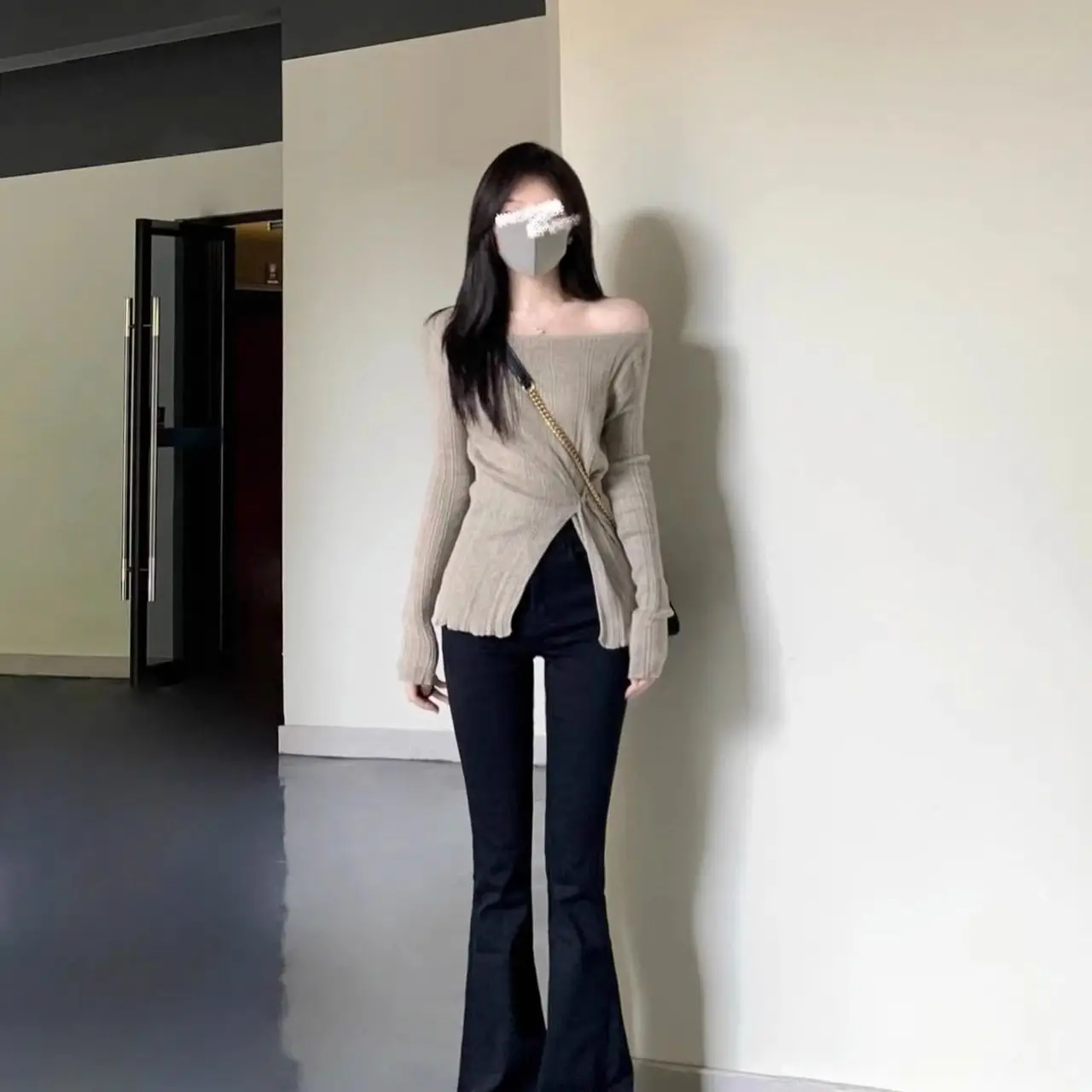 Sexy Knitted Sweater One-oulder Waist-Cinching Split Pure Desire Sle Warmth Long Sve V-Ne Daily Wear for Young Women