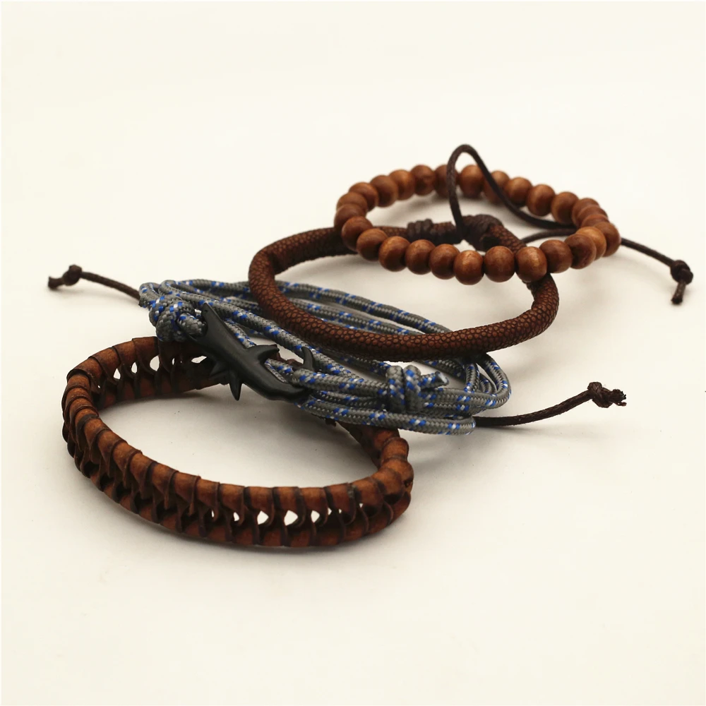 WESTBULL Men Leather Bracelets Set Cute Shark Charm 4 Pcs/set Brown Blue Black Woven Bracelet Man Wood Beads Homme Jewelry