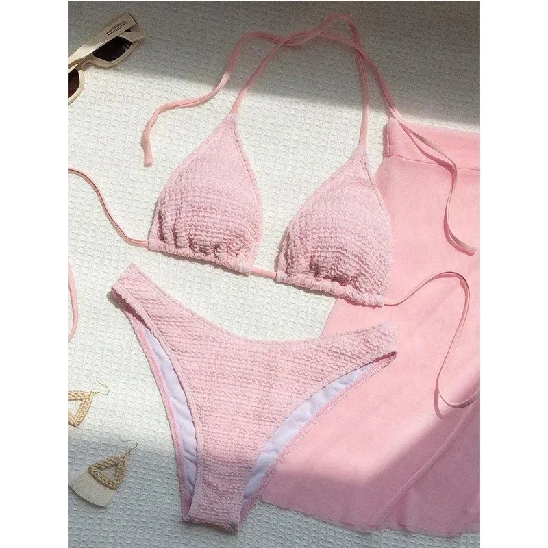 Rosa einfarbiger 3-teiliger Badeanzug für Damen, 2023, Sommer, Strandrock, Bikini, V-Ausschnitt, Neckholder, rückenfrei, Badeanzug, Sommer-Strandbadebekleidung