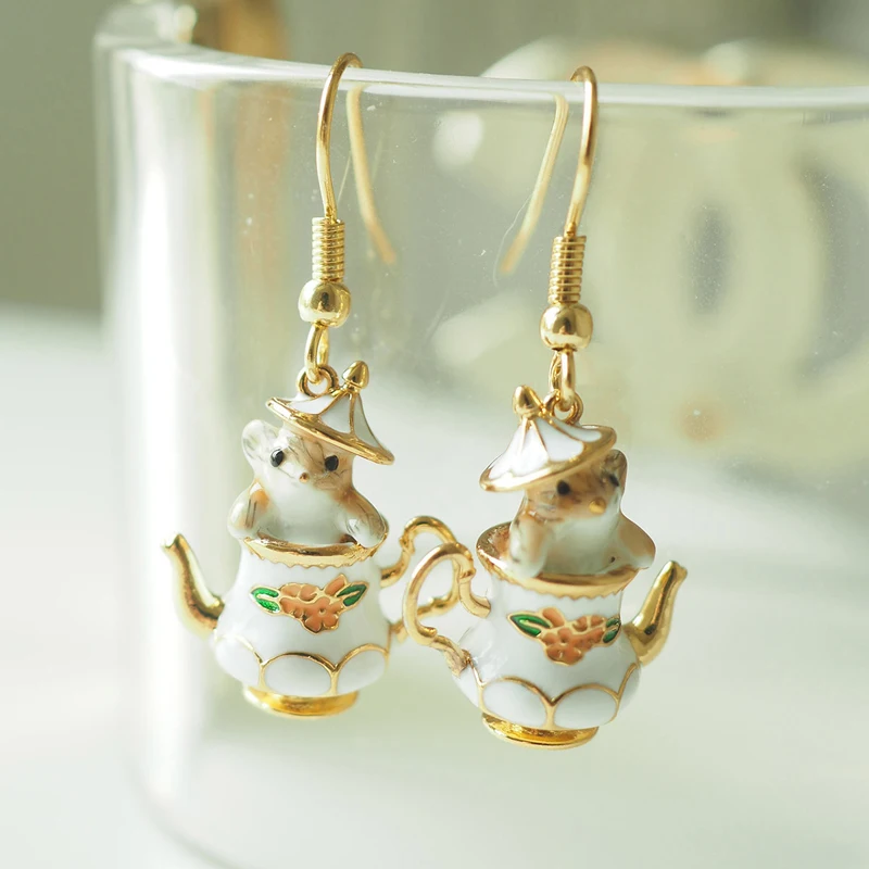 KOFSAC Occident Creative Tea Cup Mouse Earrings Necklace For Women Cute S925 Sterling Silver Gold Color Party Jewelry Set