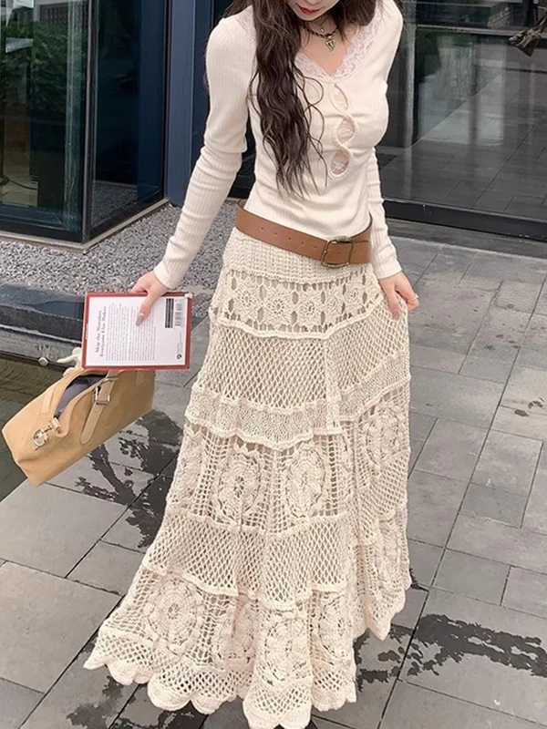 

Юбка-миди Ele трапециевидной формы с вырезом абрикосового белого цвета, универсальная трикотажная корейская мода с высокой талией для поездок на работу