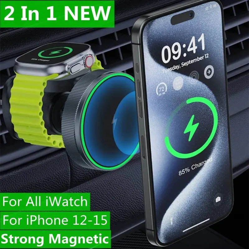 NEW 2 In 1 Magnetic Car Wireless Charger for Apple Watch IWatch 8 7 6 iPhone 15 14 13 12 Pro Max Car Fast Charging Holder Mount