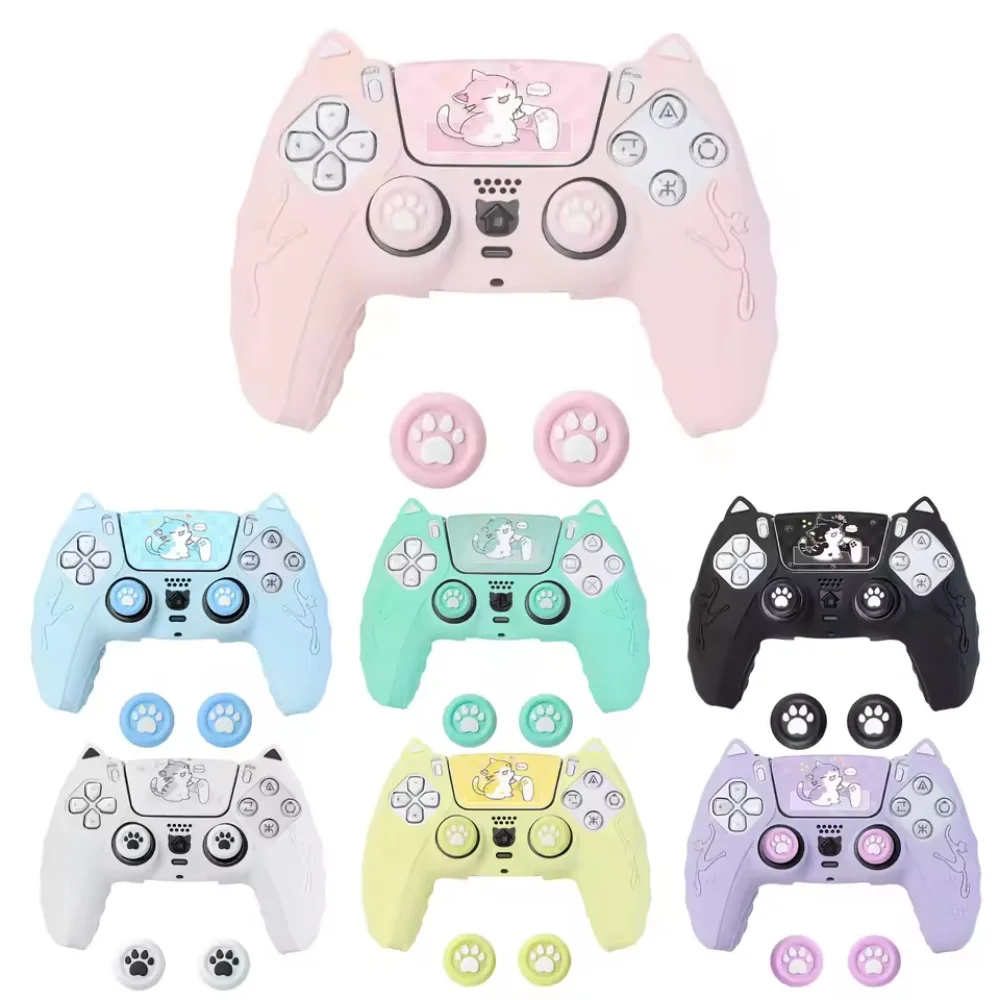 Lovely Cat Silicone Soft Protector Sticker Skin For Plays tation Dualsense 5 PS5 Controller Case Thumb Stick Grip Cap Cover