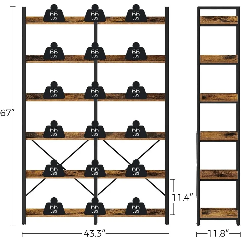オープンシェルフ付き工業用木製本棚、素朴なスタンド収納ラック、4フック付き6段本棚、67インチ