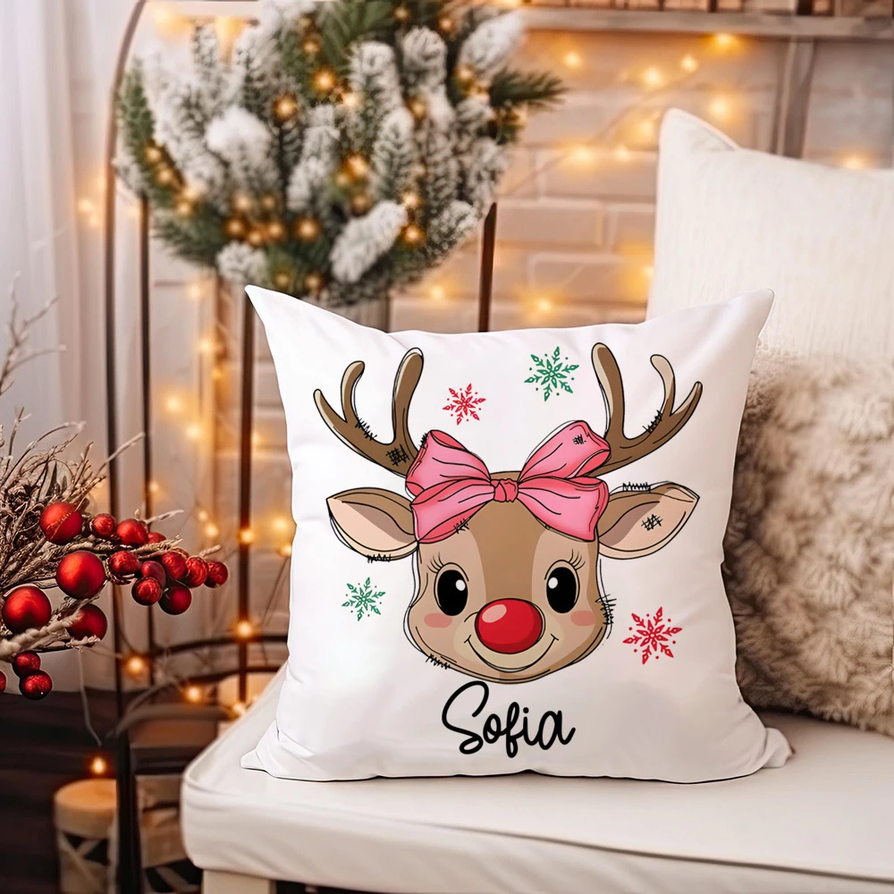 1PC Personalized name Christmas season pillowcase, customized bow and baseball cap, red nose reindeer snowflake
