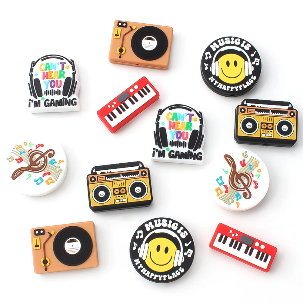 5/20/50Pcs Music Theme Silicone Beads Piano Headphones Gramophone Focal for Jewelry Making Beads KeysChain Pen Beaded Accessory