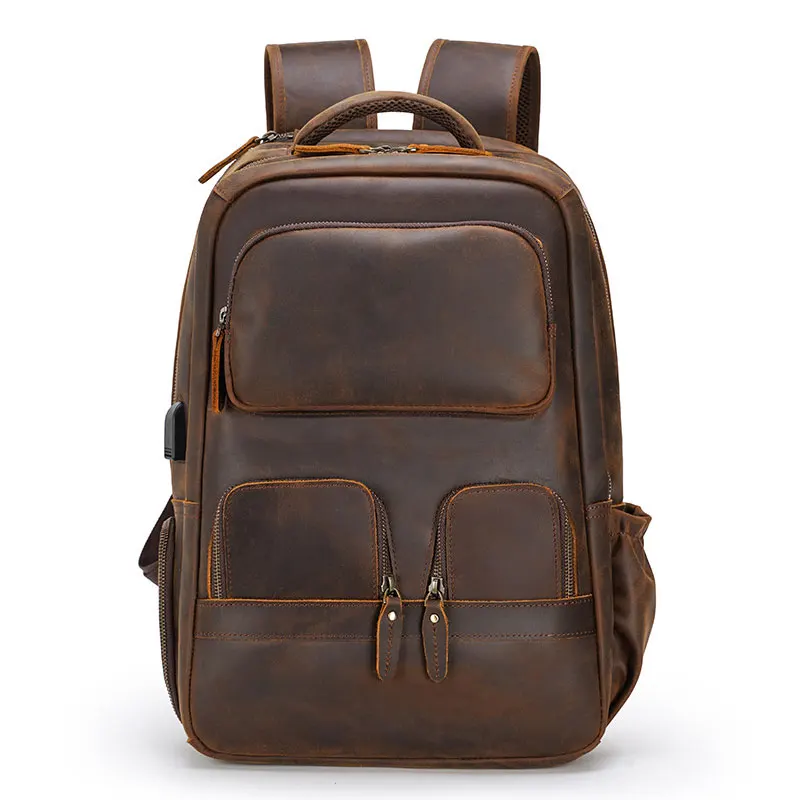 Double Layer Leather Backpack of men male large capacity travel bag men bagpack usb charging usb connector leather laptop bag