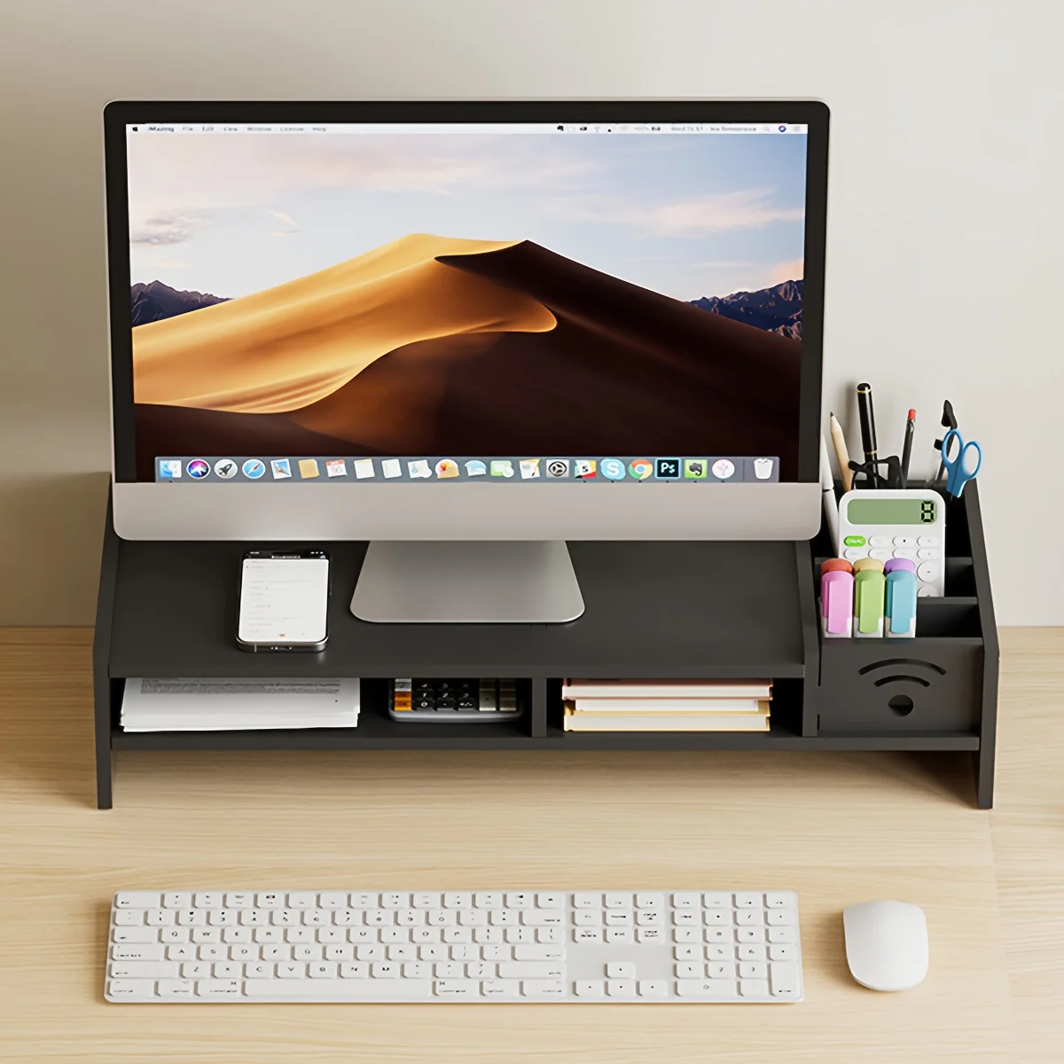 

Минималистичная черная подставка для монитора из ПВХ, настольная подставка с отсеками для хранения клавиатуры и мыши, компактный компьютерный лифт для экономии пространства