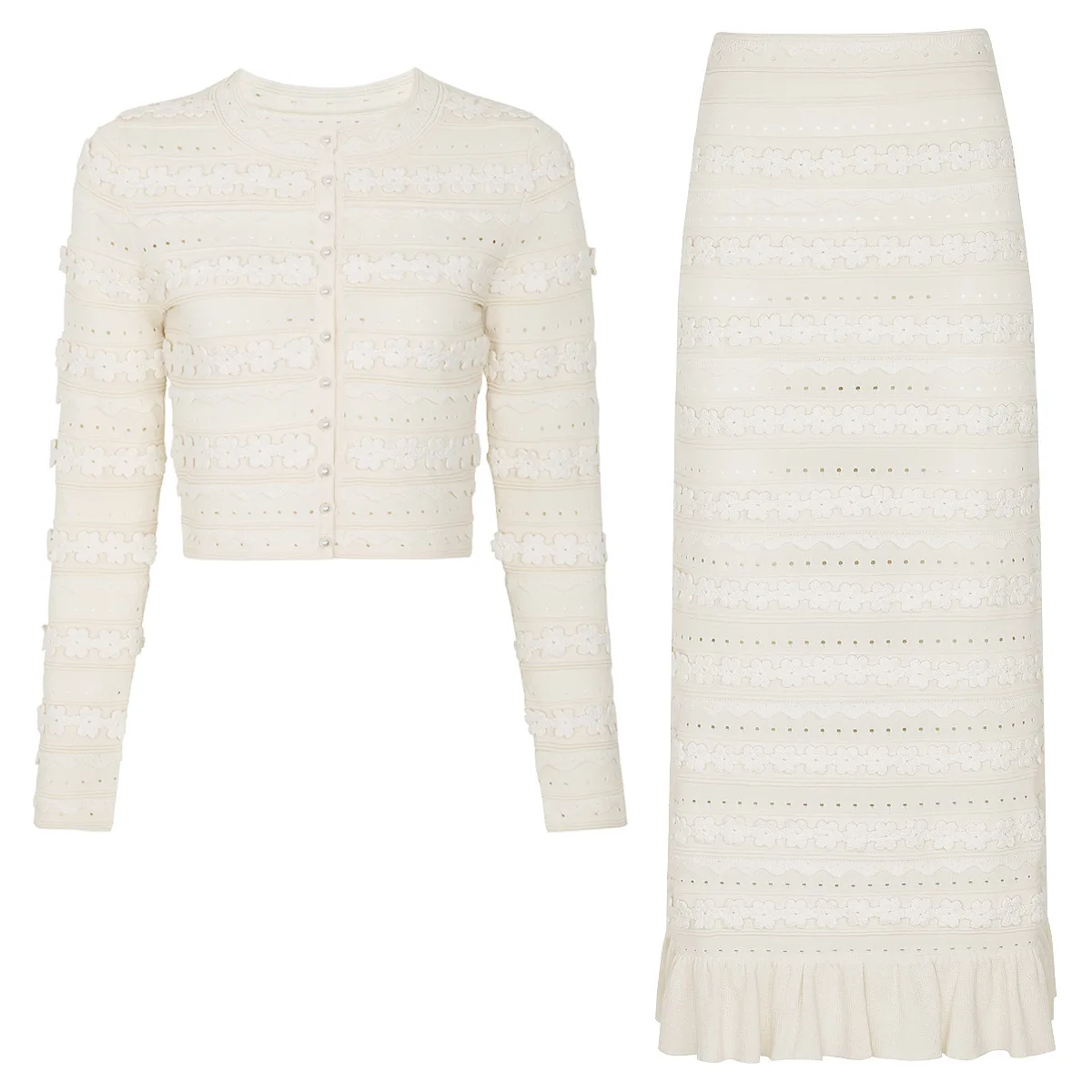 Long-Sleeved Knitted Top Cardigan Jacket+slim Split Ruffle Edge Half Skirt Set Female High-quality New Woman Fashionable Set
