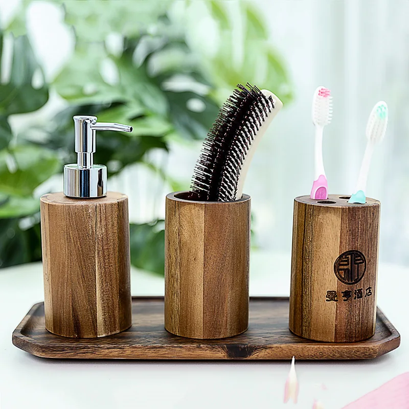 Wooden Split Bottle Set with Press Type Shower Gel Shampoo Portable Split Bottle