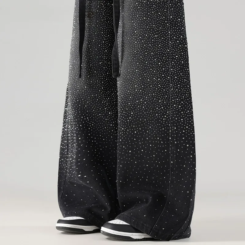 Full Sky Star Hot Diamond Wide-leg Loose Black Jeans Women Spring Summer Curved-cut Pants Women Slimming Drape Women's Style.