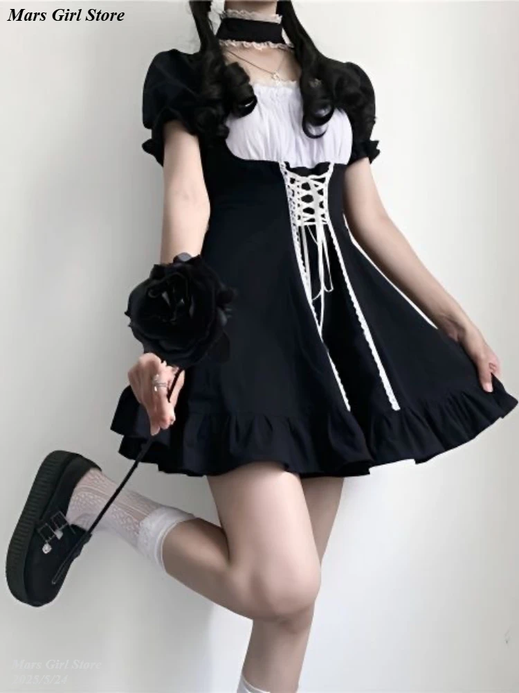 

Japanes Lolita Goth Puff Sleeve Mini Dress Women Summer Preppy Style Ruffle Square Neck Lace A Line Dress E-girl Harajuku Dress