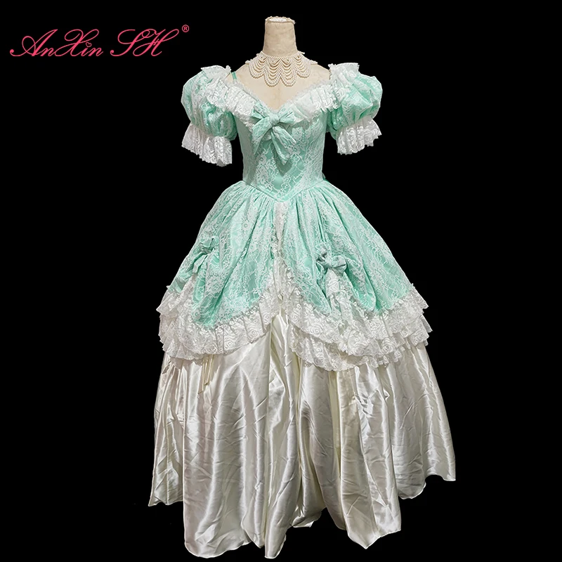 AnXin SH vintage princess green ruffles flower lace white satin boat neck short sleeve big bow Antique  customized wedding dress