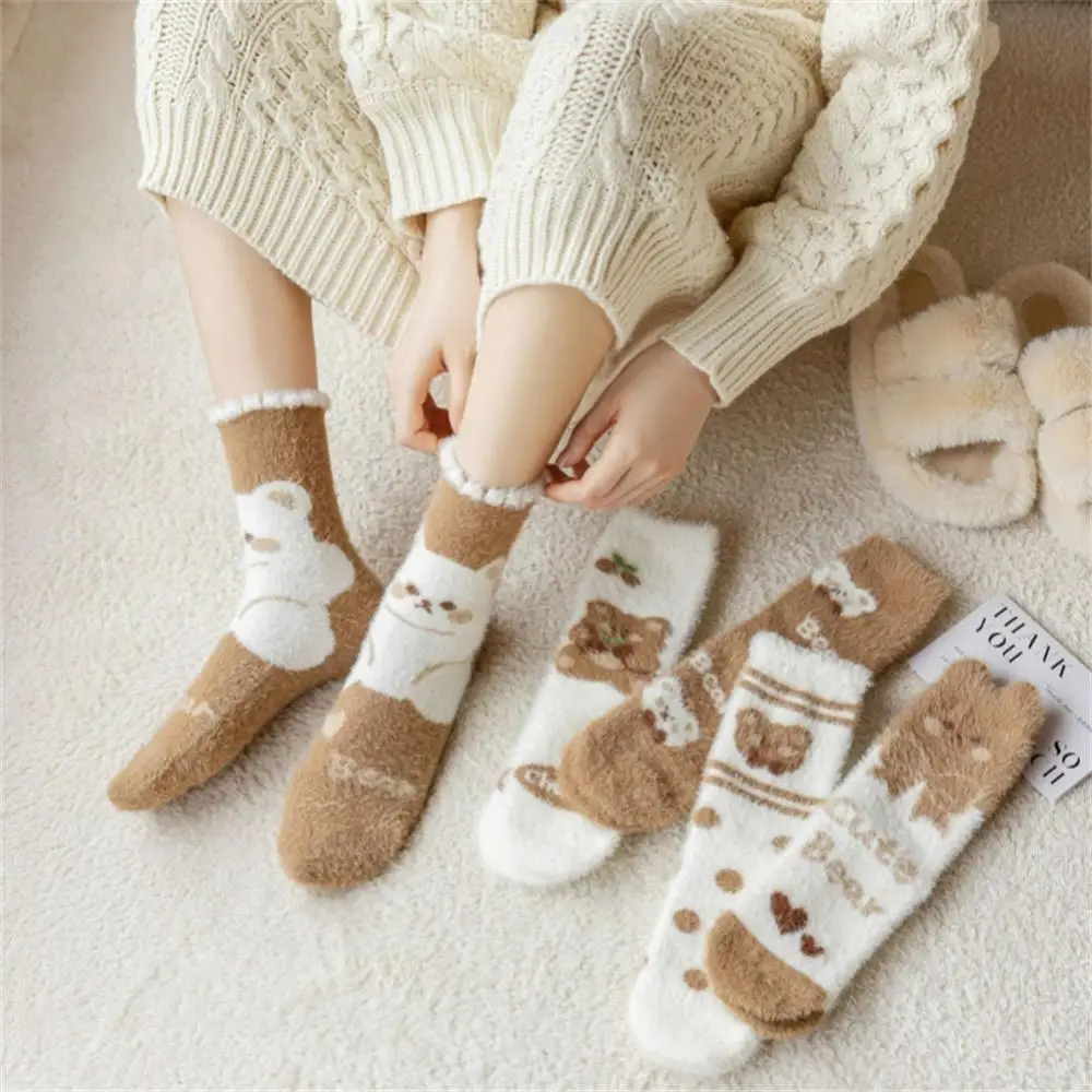 

Autumn Winter Cute Animal Coral Velvet Socks For Women Children Girls Middle Tube Thickened Sleep Socks Home Floor Socks