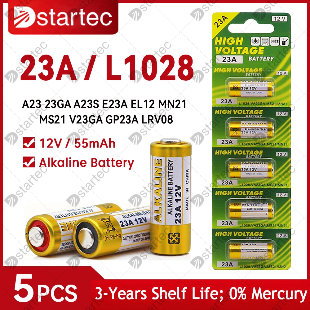 5 buah baterai Alkaline 23A 12 V, L1028 A23 MN21 23GA GP23A 23AE, baterai tahan lama 12 Volt untuk bel pintu Remote daya