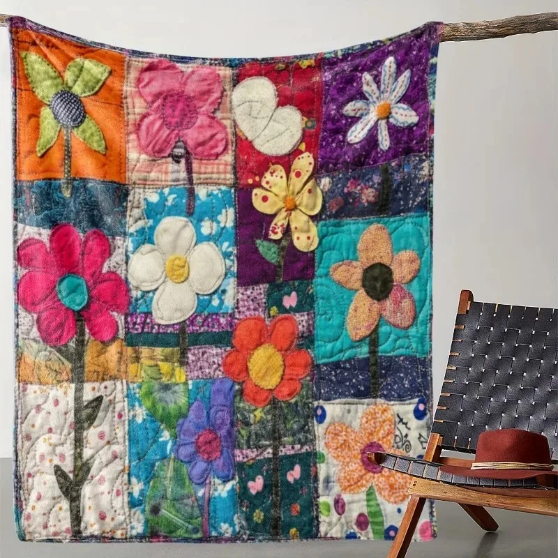 

Vintage Floral Patchwork Throw Blanket 2D printing, no embroidery Retro Garden Design Soft Flannel Sofa Bed Car Office Camping