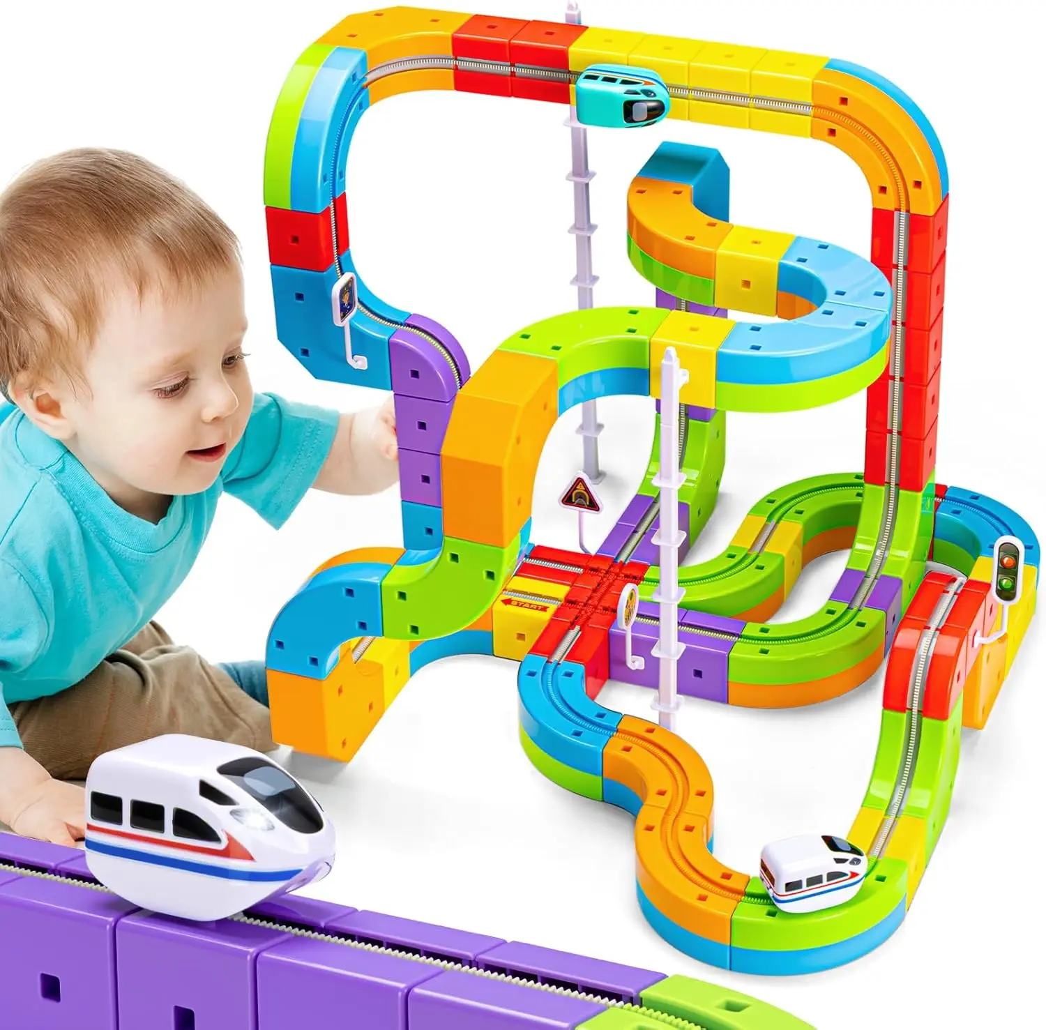 Clickrail Tren Eléctrico Con Pistas Flexibles De Acrobacias – Set De Carreras Con Loop De 360° Y Puentes, Juguete Magnético Creativo Con Batería USB