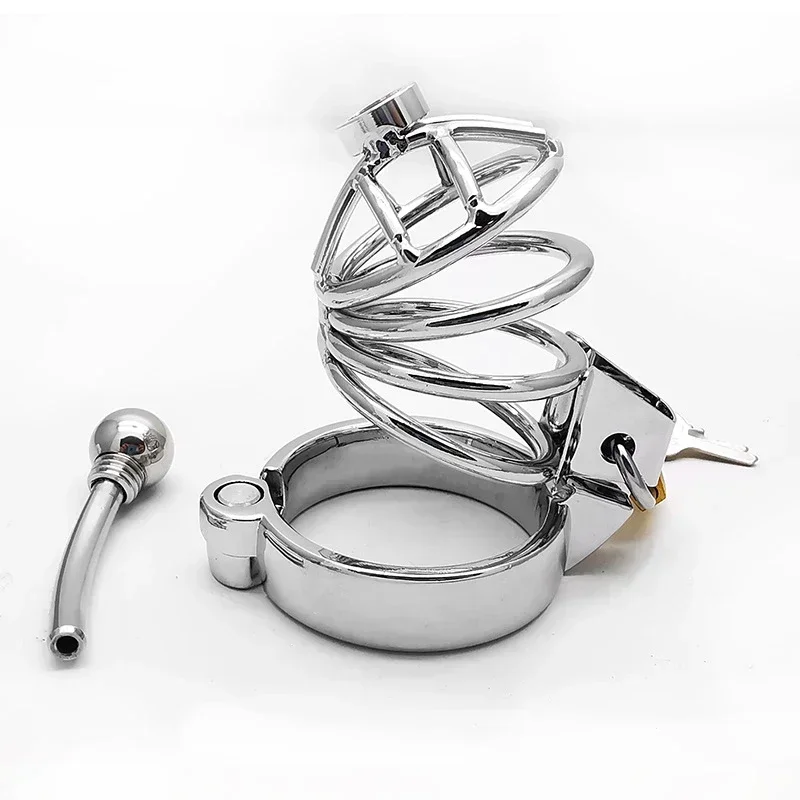 Metal Chastity Cage Sissy 304 Stainless Steel Penis Lock Cock Ring Wiht Urethral Catheter  Bondage Chastity Belt Sex Toy for Men