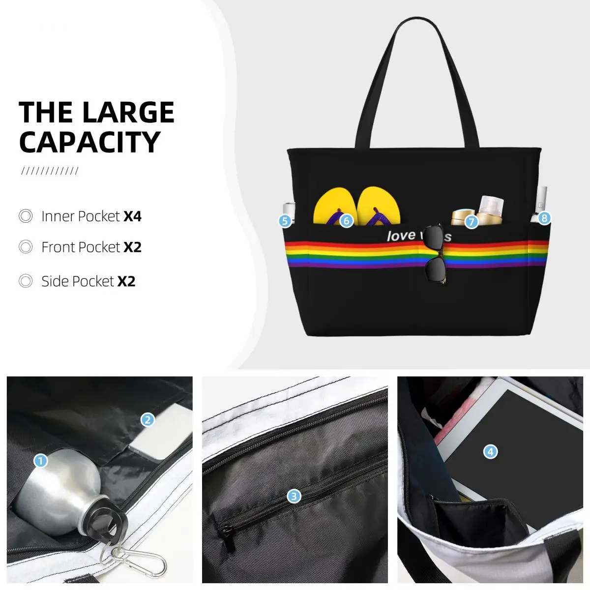 Custom Love Wins Pride Stripe Beach Tote Bag Women GLBT LGBT Gay Lesbian Pride Flag Large Compartment Gym Beach Travel Bags #3