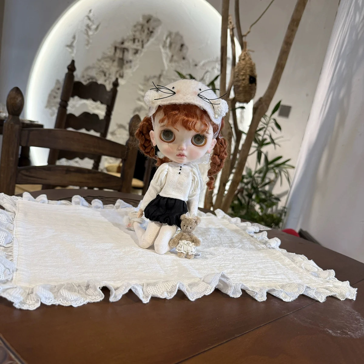 ICY DBS ブライス人形服かわいい猫ヘッドドレス + ファッションニットトップ + ショートスカート + 白い靴下セット 19 関節 OB24 アゾン人形ドレスアップ