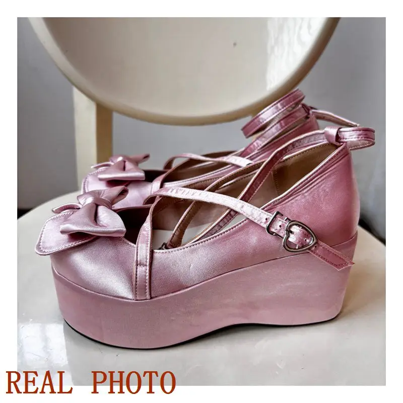 REAVE CAT Sweet Women Pumps 32 33 Lolita Toe Wedges High Heels 8.5cm Platform Bowknot 44 45 Girls Shoes